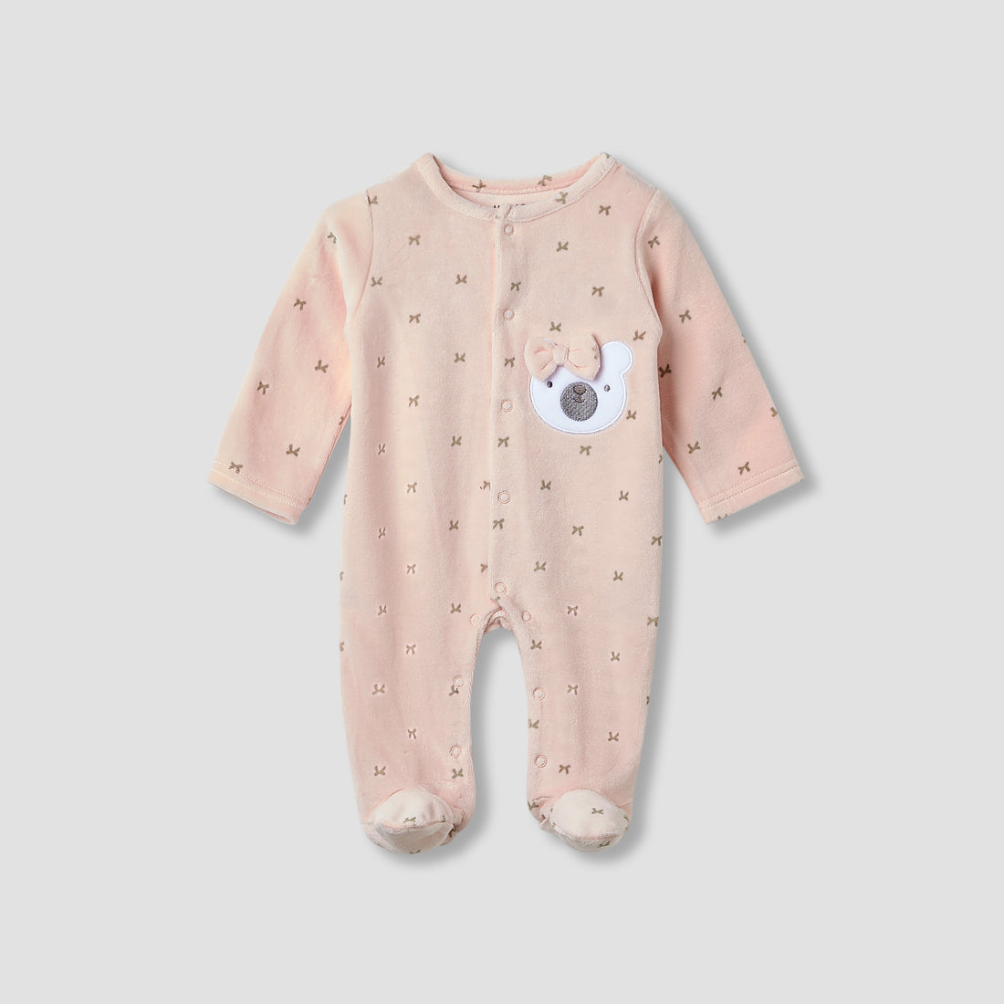Juniors Crew Neck Sleepsuit with Bow Print- Cotton Blend - Long Sleeves - Pink / 9-12 mths