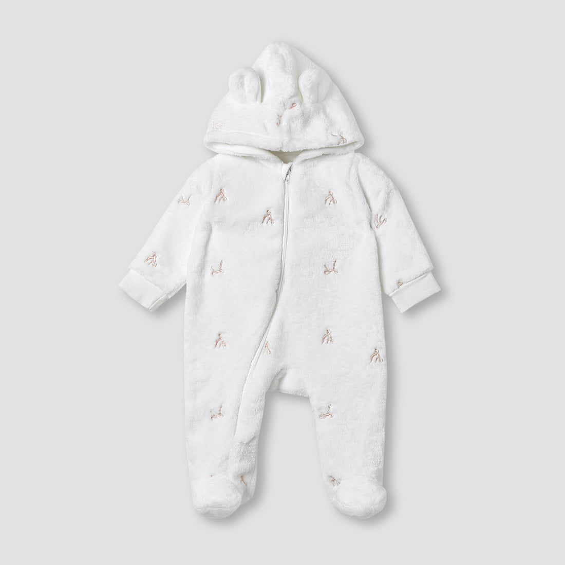 Juniors Hooded Sleepsuit with Bow Embroidery - Polyester - Long Sleeves - White / 9-12 mths