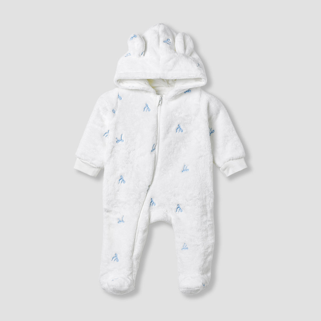 Juniors Hooded Sleepsuit with Bow Embroidery - Polyester - Long Sleeves - White / 9-12 mths