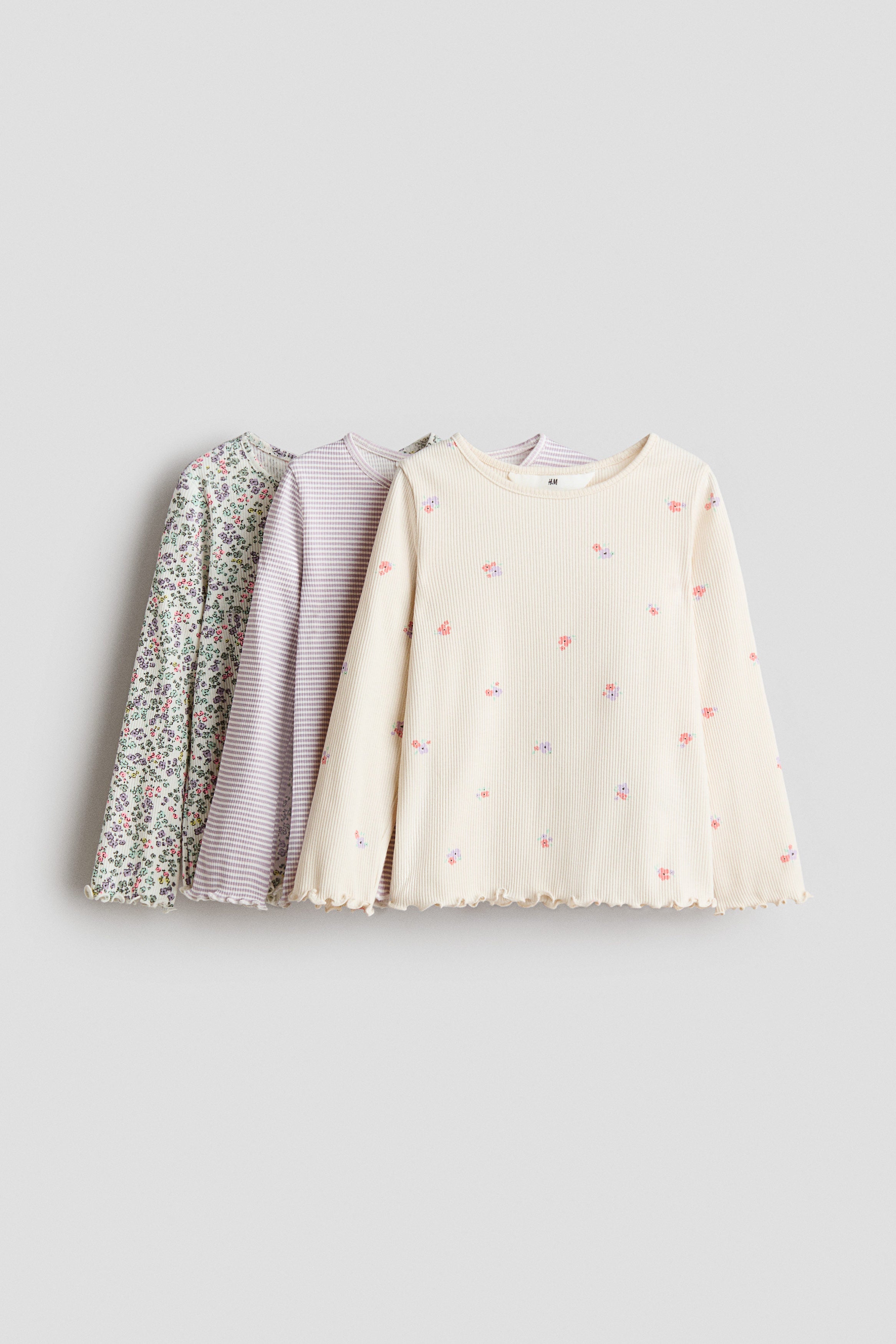 3-pack ribbed jersey tops - Light Beige Floral / 8-10 Years