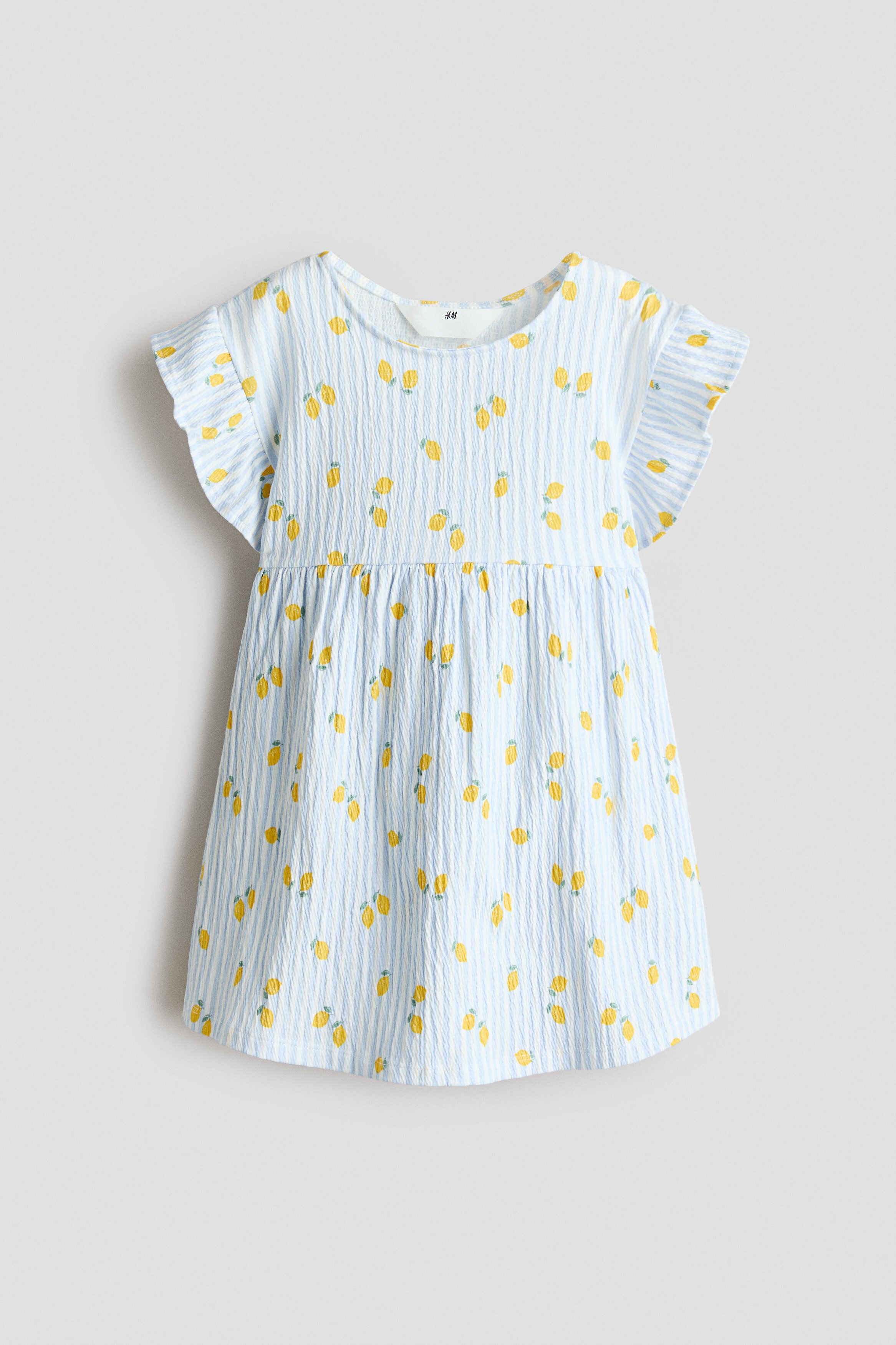 Flutter-sleeved cotton dress - Light Blue Striped Lemons / 8-10 Years