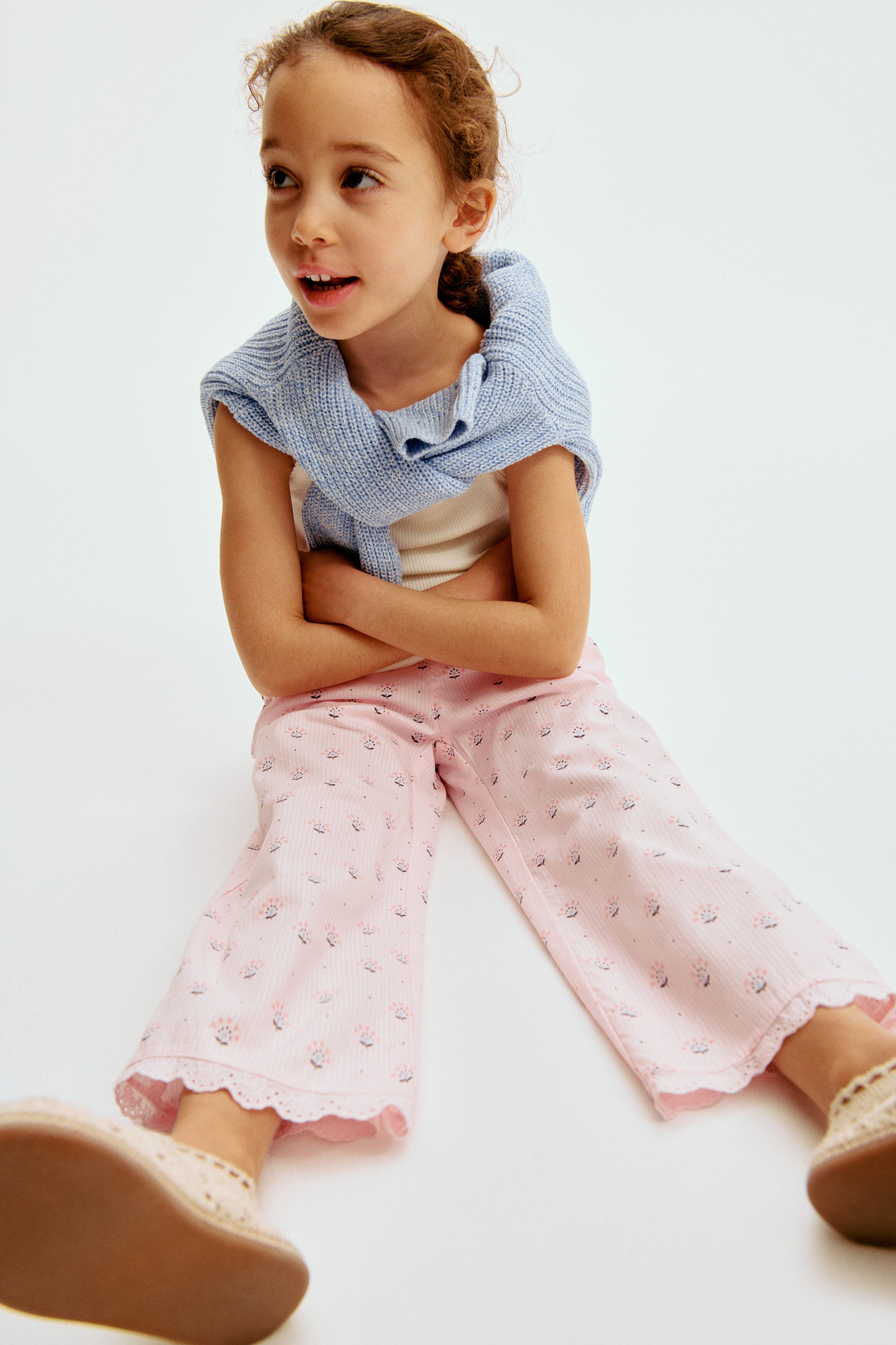 Lace-trimmed seersucker trousers - Light Pink Floral / 1.5-2 Years