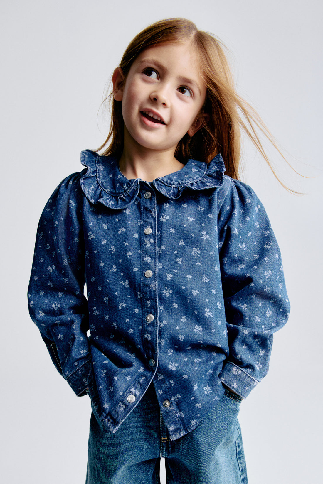 Frill-collar denim blouse - Blue Floral / 1.5-2 Years