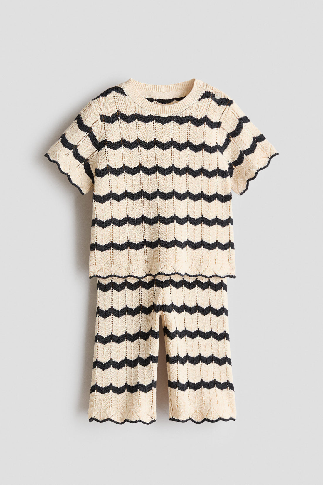 2-piece pointelle-knit cotton set - Light Beige Striped / 6-9 Months