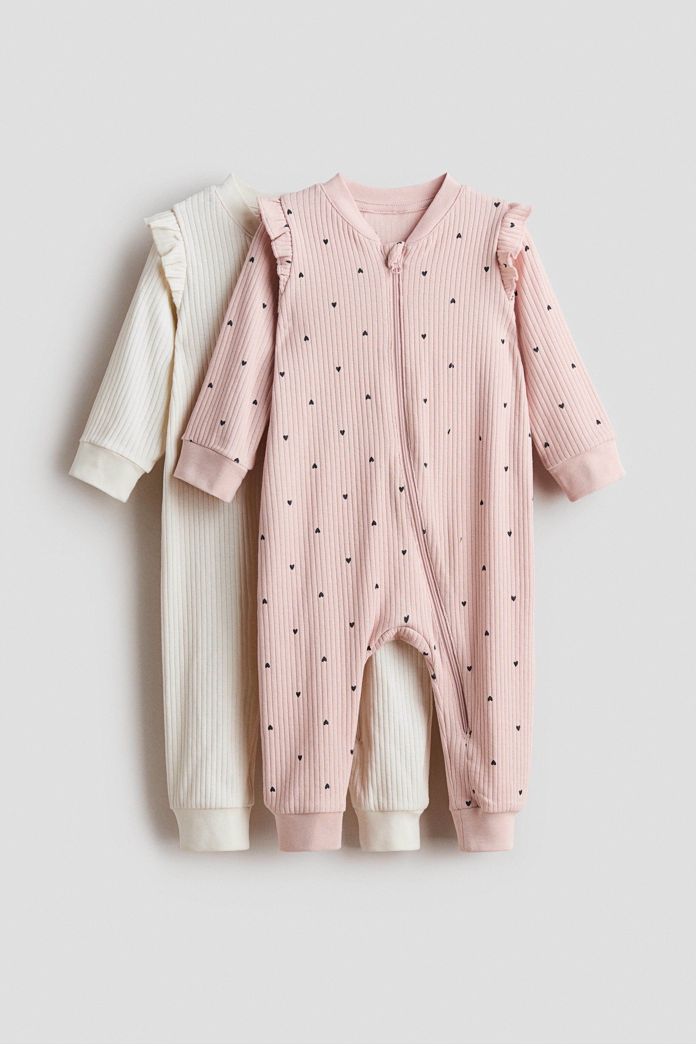 2-pack ribbed cotton sleepsuits - Light Dusty Pink Hearts / 12M