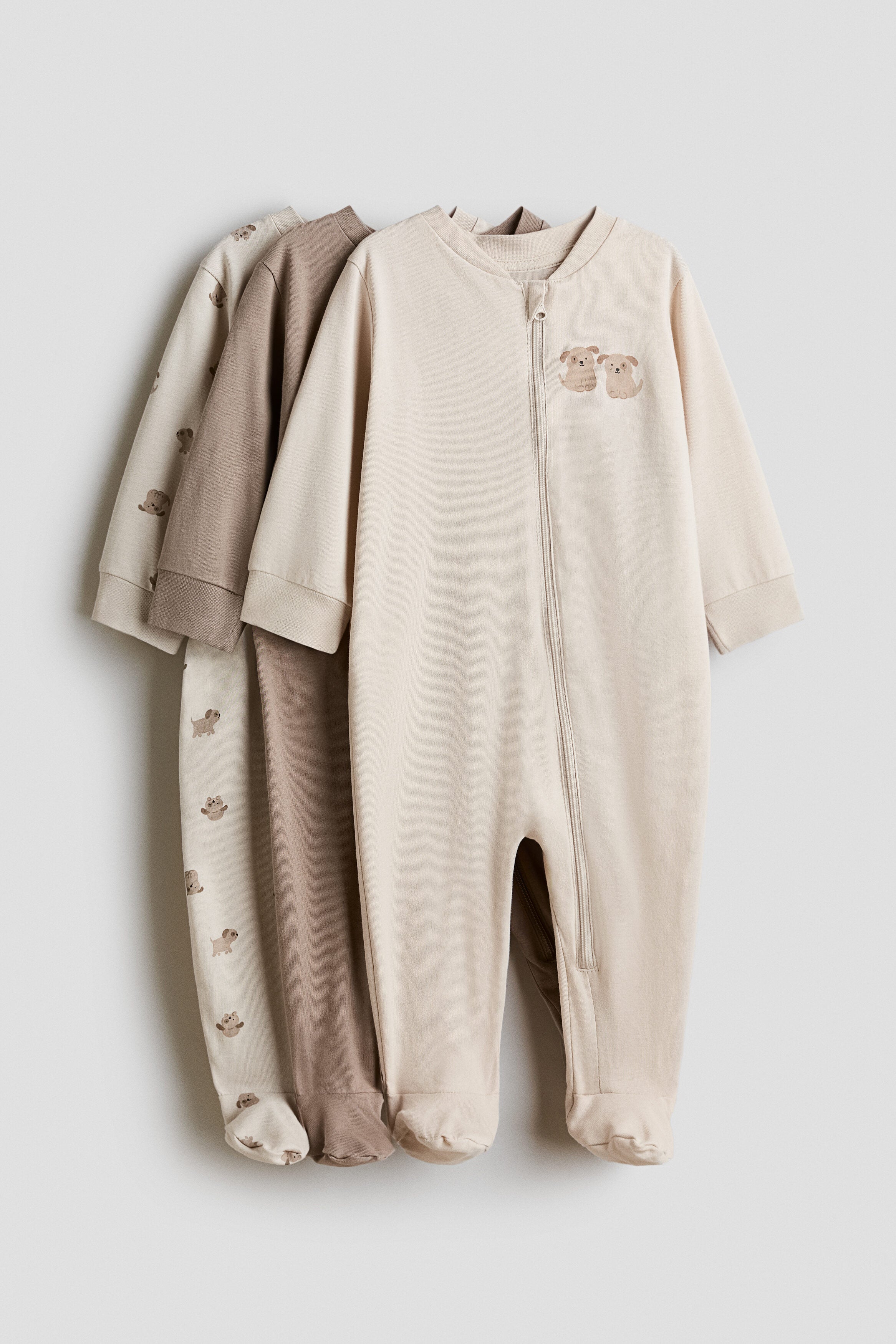 3-pack zip-up sleepsuits - Beige Puppies / 12-18 Months