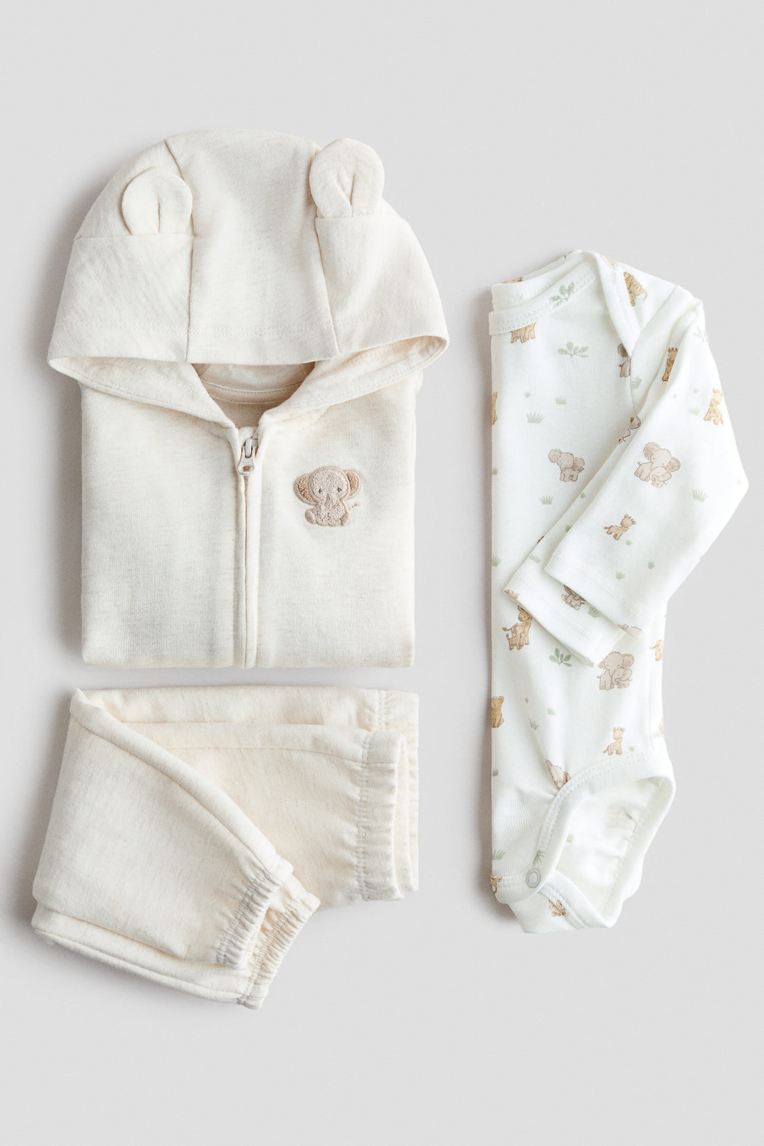 3-piece cotton set - Light Beige Animals 0 / 0-1 Months
