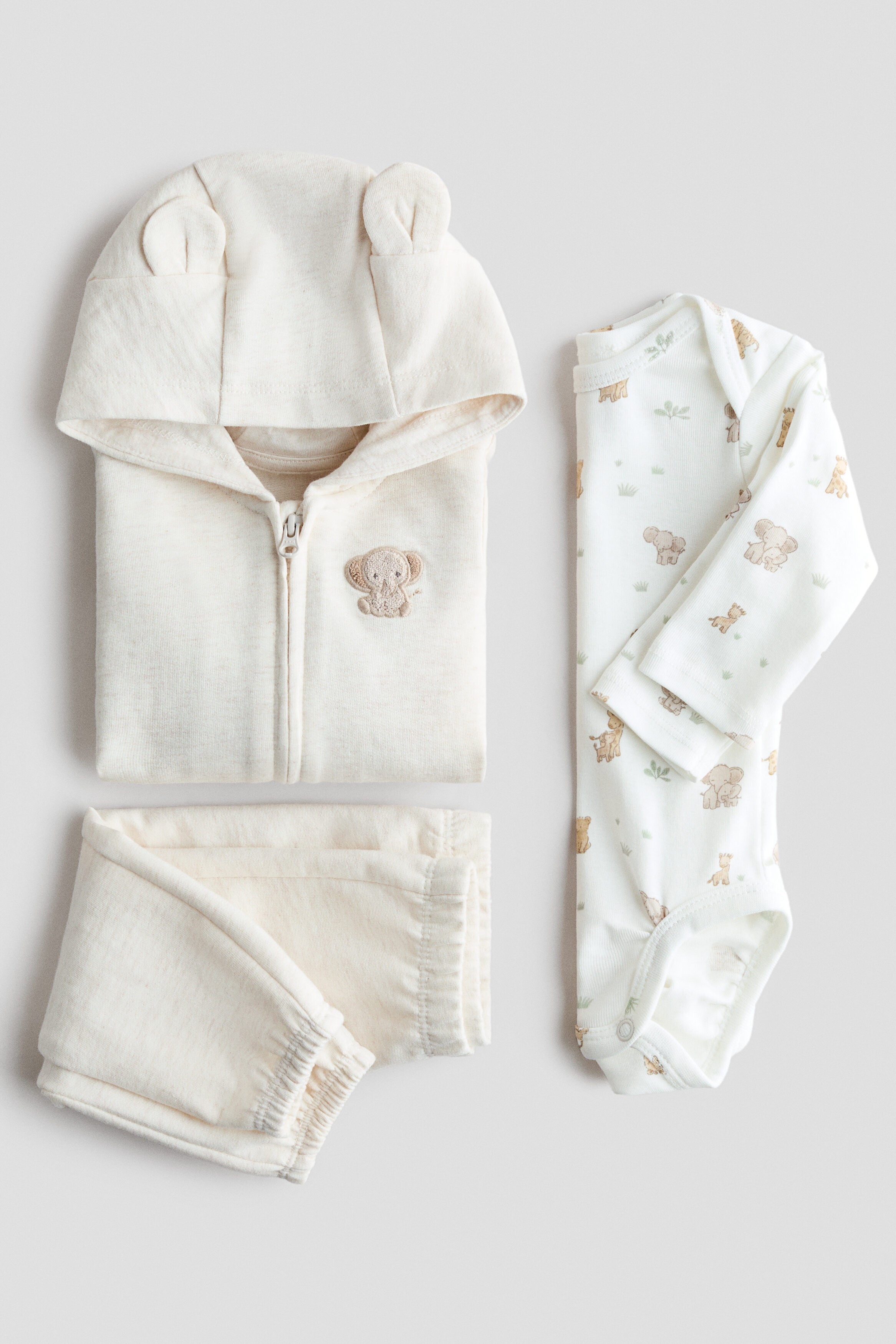 3-piece cotton set - Light Beige Animals 0 / 0-1 Months