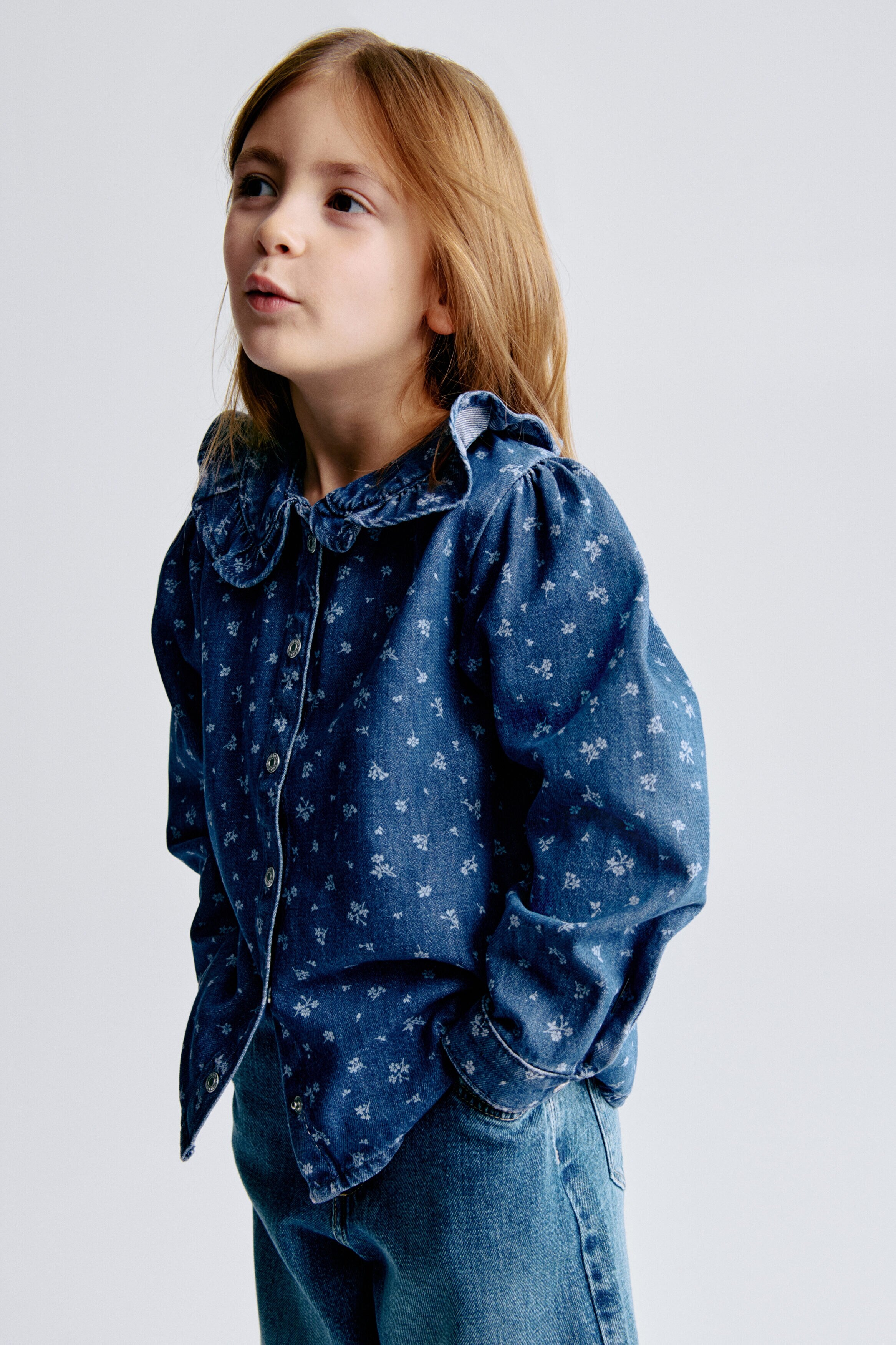 Frill-collar denim blouse