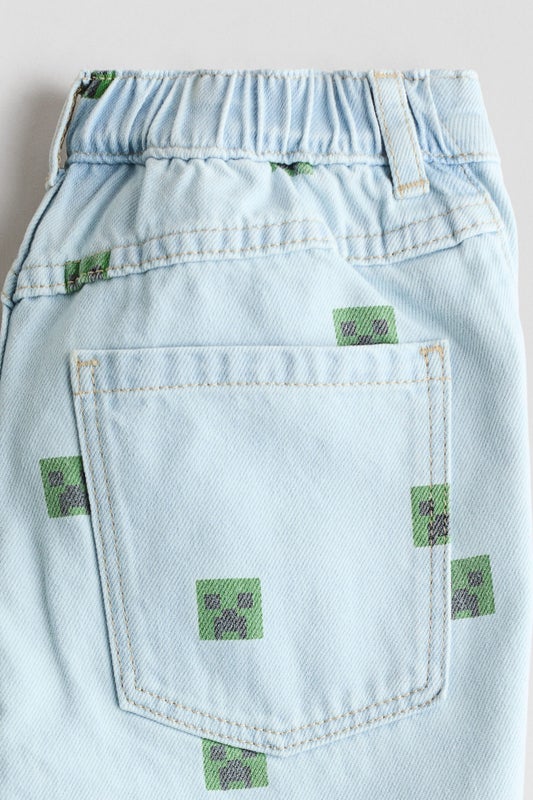 Printed denim shorts