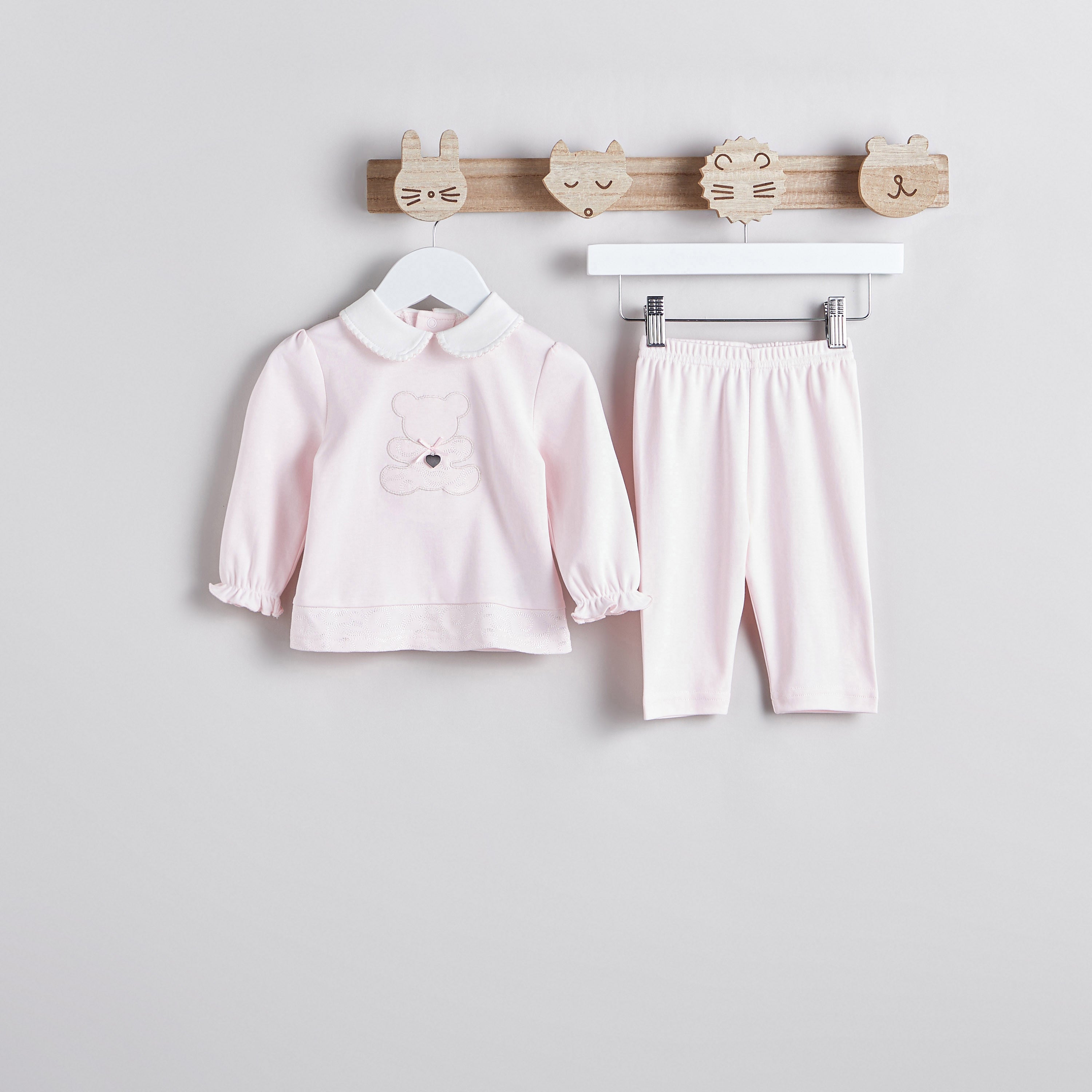 Giggles Teddy Embroidered T-shirt and Pyjama Set - Pink / 12-18 mths
