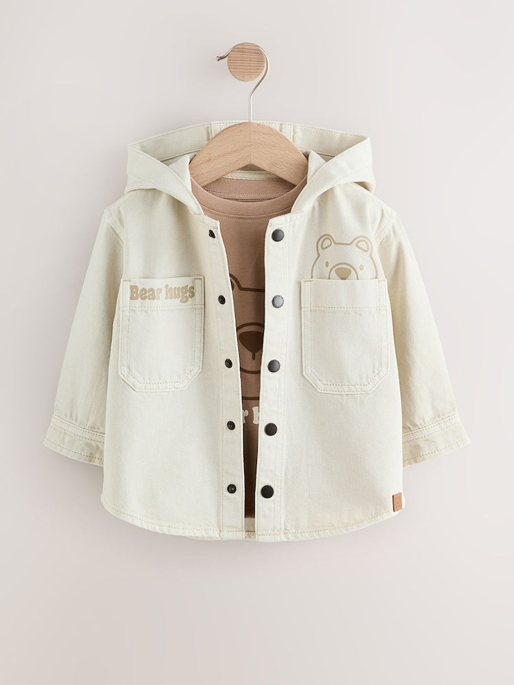 Ecru Bear Twill Hooded Overshirt and T-Shirt Set (3mths-7yrs)