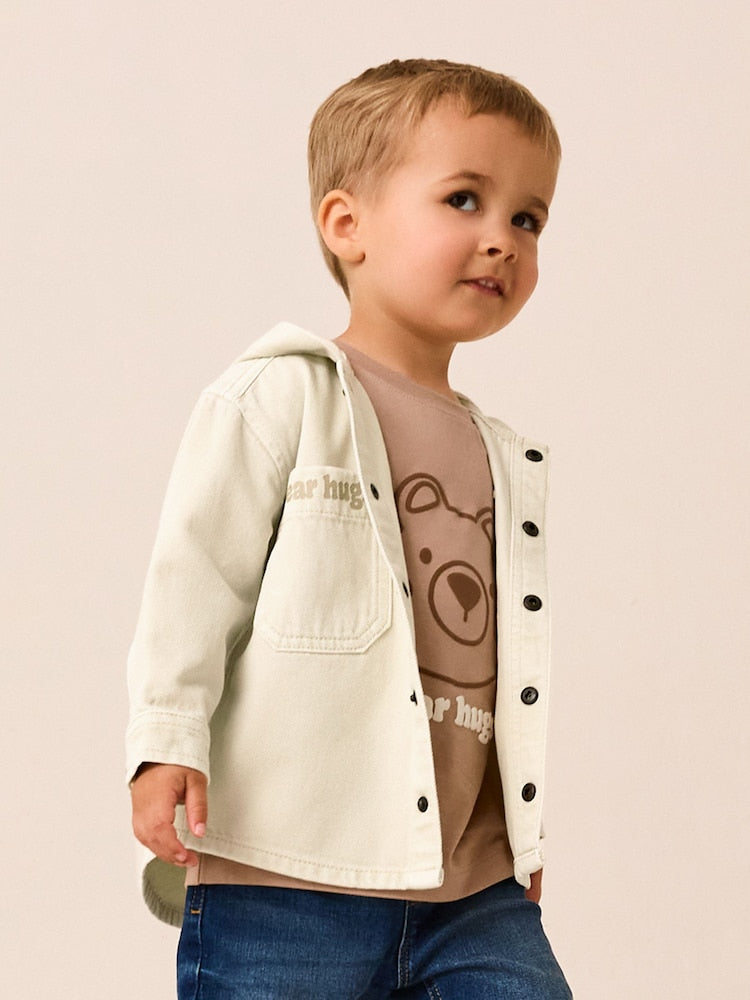 Ecru Bear Twill Hooded Overshirt and T-Shirt Set (3mths-7yrs)