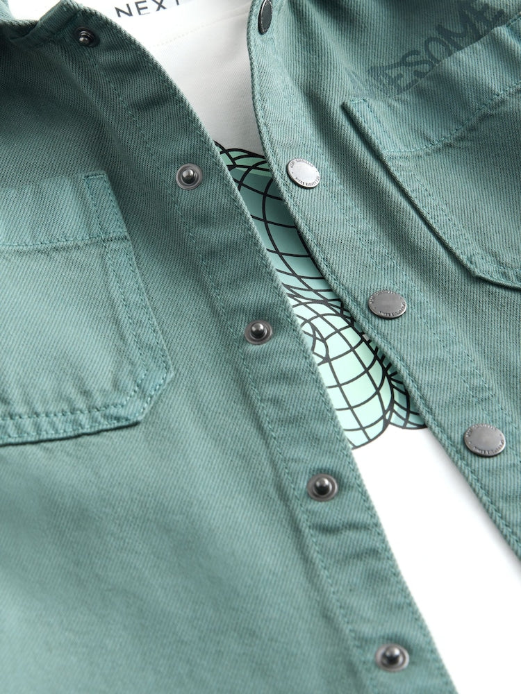 Dark Teal Blue Twill Hooded Overshirt and T-Shirt Set (3mths-7yrs)