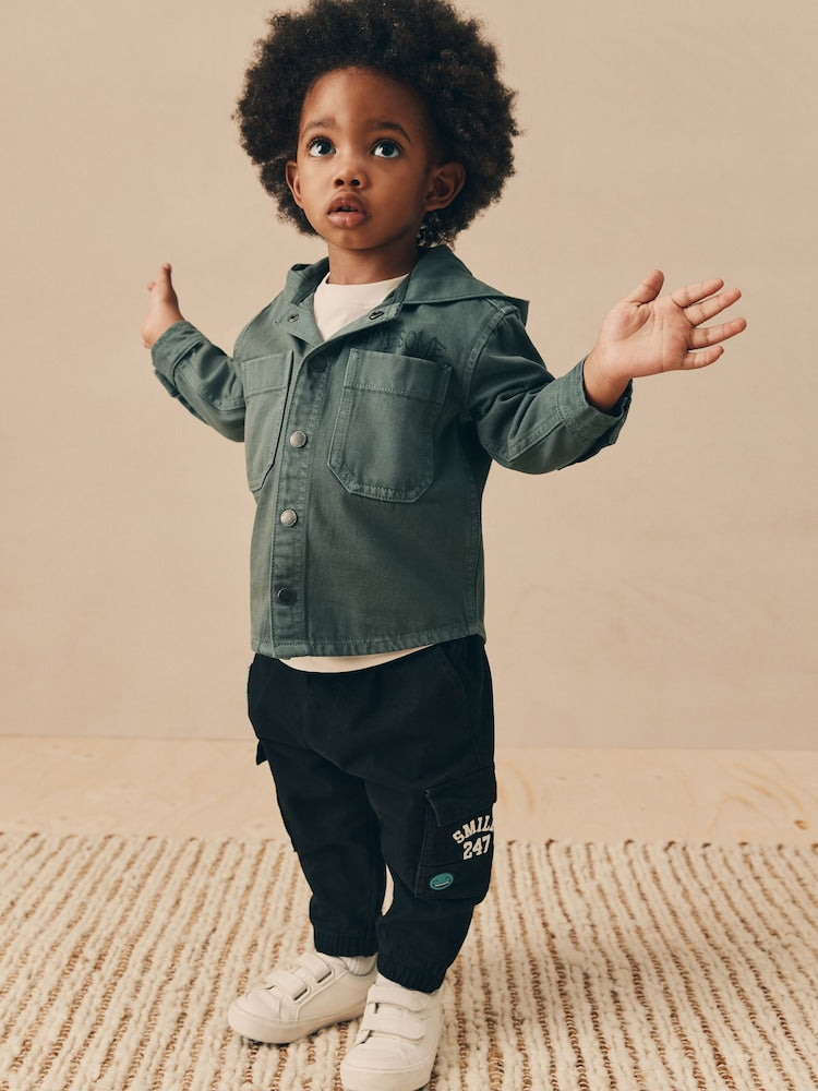 Dark Teal Blue Twill Hooded Overshirt and T-Shirt Set (3mths-7yrs)