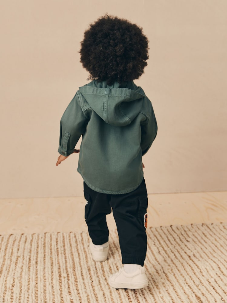Dark Teal Blue Twill Hooded Overshirt and T-Shirt Set (3mths-7yrs)