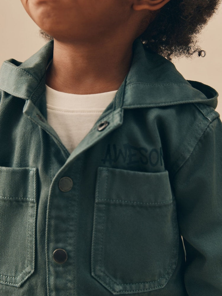 Dark Teal Blue Twill Hooded Overshirt and T-Shirt Set (3mths-7yrs)