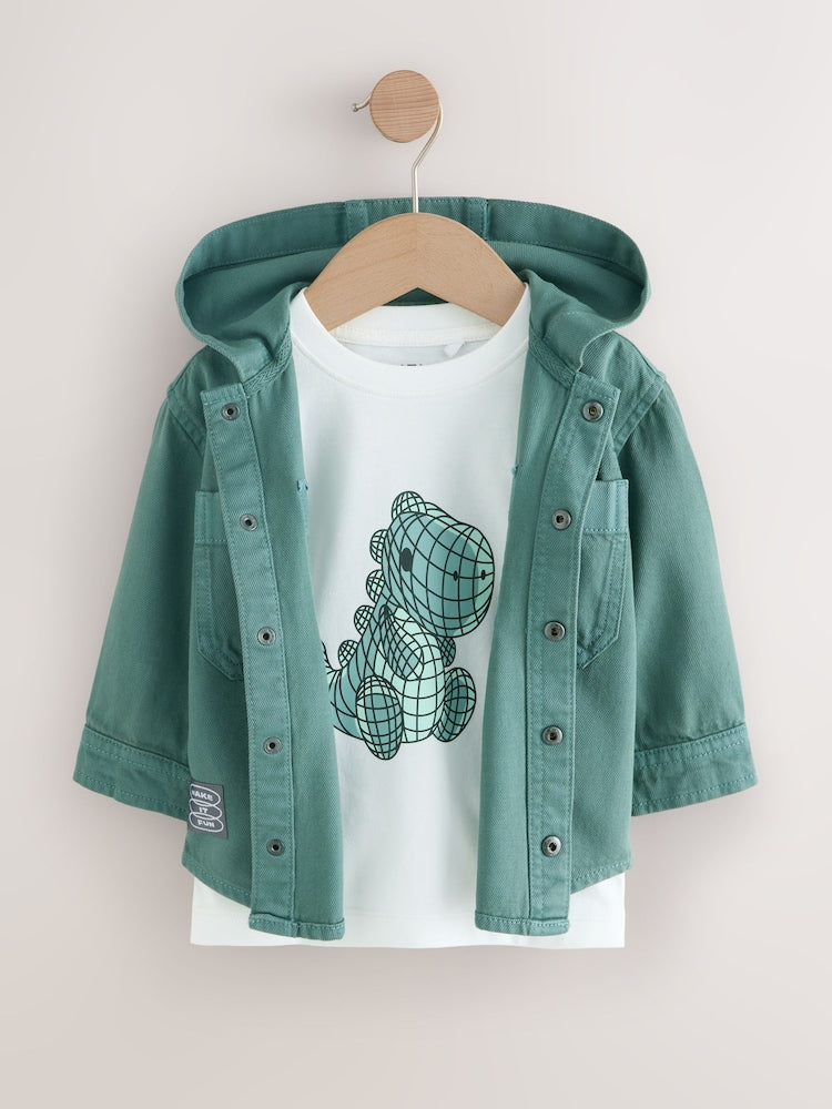 Dark Teal Blue Twill Hooded Overshirt and T-Shirt Set (3mths-7yrs)
