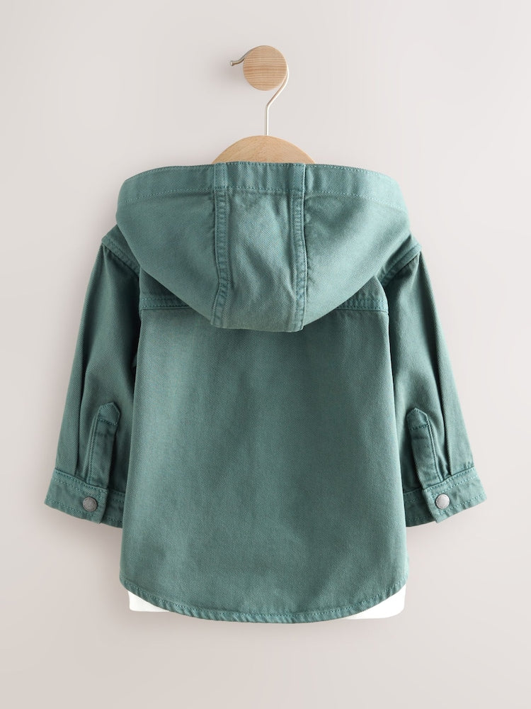 Dark Teal Blue Twill Hooded Overshirt and T-Shirt Set (3mths-7yrs)