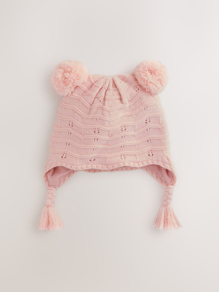 Pink Baby Pointelle Double Pom Trapper Hat (0mths-2yrs) - Pink / Up to 1 Month (50-56cm)