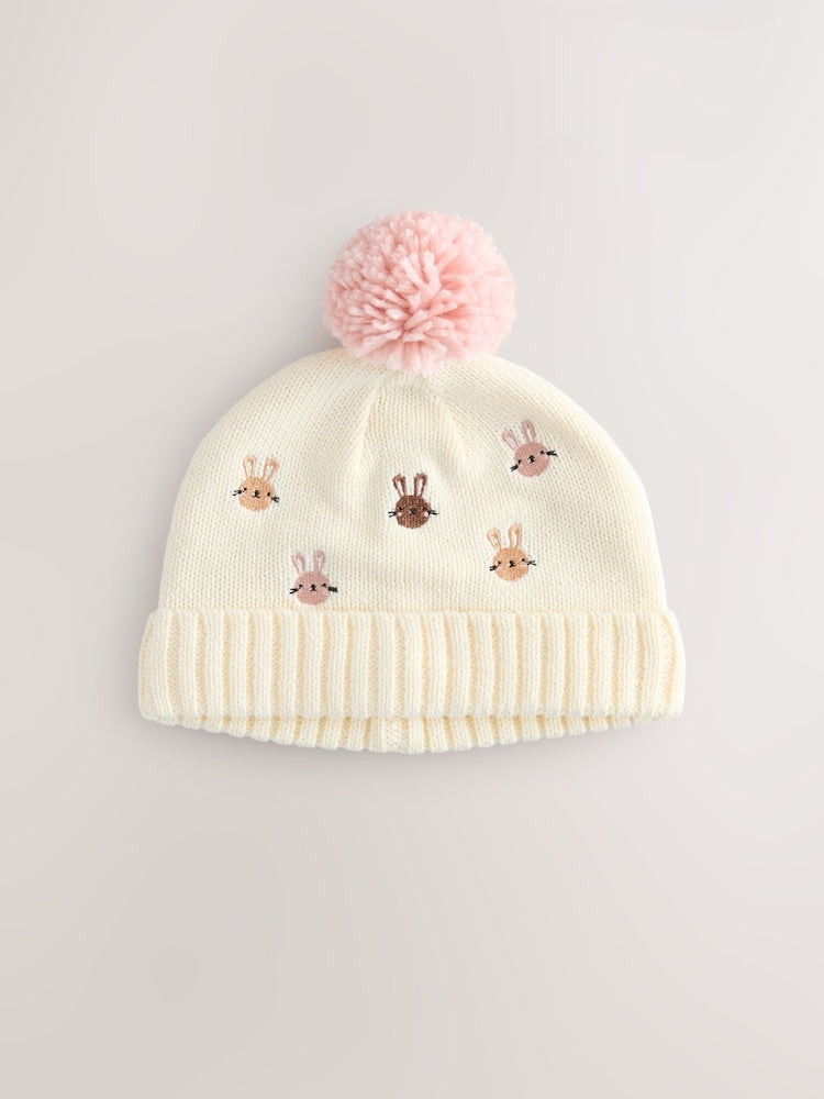 Pink/Cream Embroidered Bunny Character Pom Knitted Hat (0mths-2yrs)
