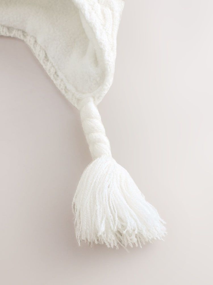 White Knitted Baby Pointelle Double Pom Trapper Hat (0mths-2yrs)