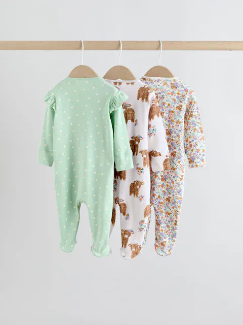 Sage Green Two Way Zip Sleepsuits 3 Pack (0mths-2yrs)