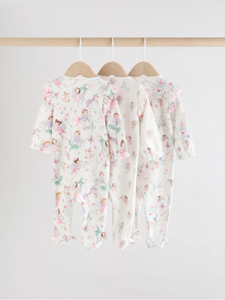 Ecru Fairy Two Way Zip Baby Sleepsuits 3 Pack (0-2yrs)