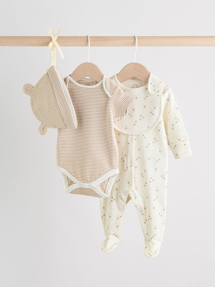 Neutral Baby Sleepsuit, Bodysuit, Beanie and Bib Set 4 Piece (0-9mths) - Neutral / Up to 3 Months (62cm)