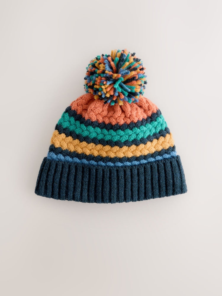 Bright Cable Stitched Baby Knitted Hat With Pom - Bright Cable Stitched / Up To 3 Months (50 - 62cm)