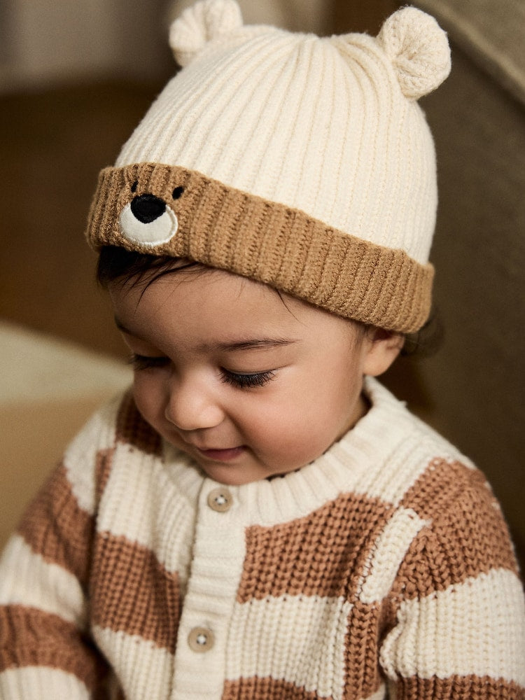 Image 36: Brown Bear Face Ribbed Baby Beanie Hat - Image 1 of 4
