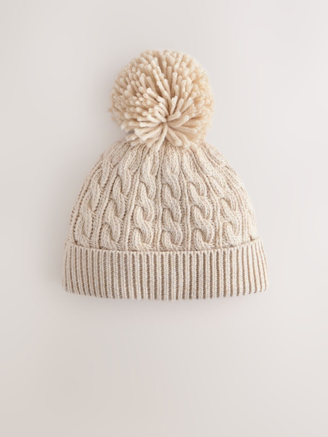 Cream Knitted Cable Pom Beanie - Size 50cm (First Size)