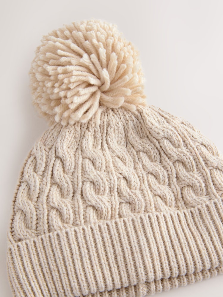Cream Knitted Cable Pom Beanie - Size 50cm (First Size)