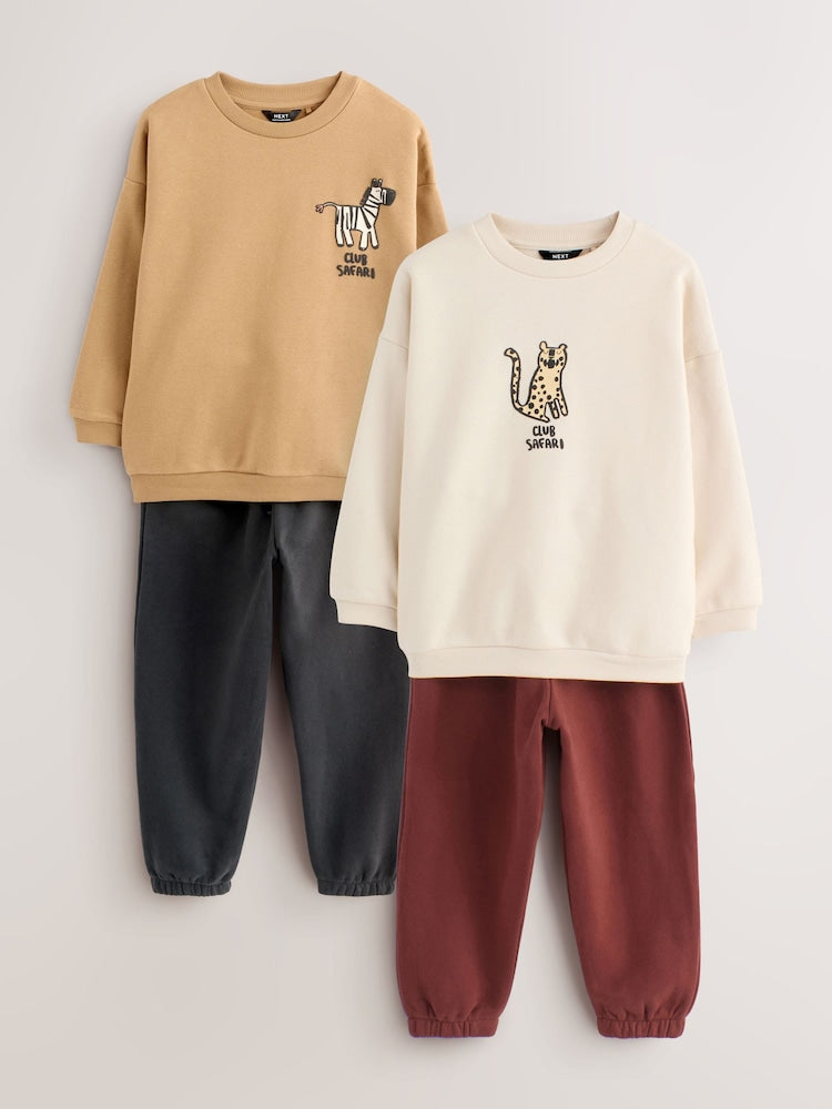 Tan/Ecru/Charcoal Grey 2 Pack Sweatshirt and Joggers Set (3mths-7yrs) - 12-18 Months (80-86cm)