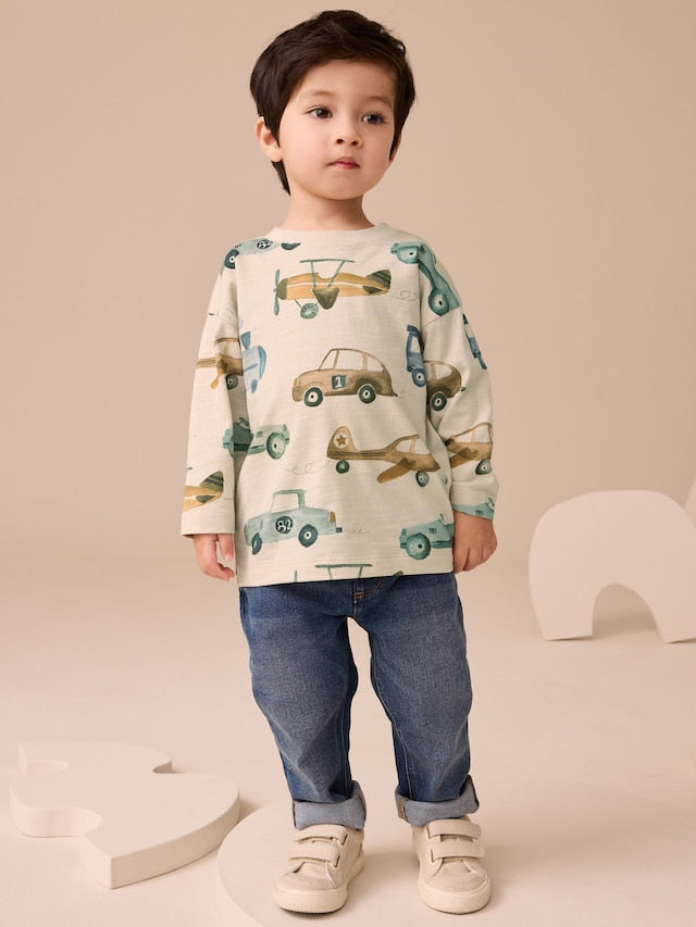 White Transport 100% Cotton Long Sleeve All-Over Print T-Shirt (3mths-7yrs) - Size 3-6 Months (62-68cm)