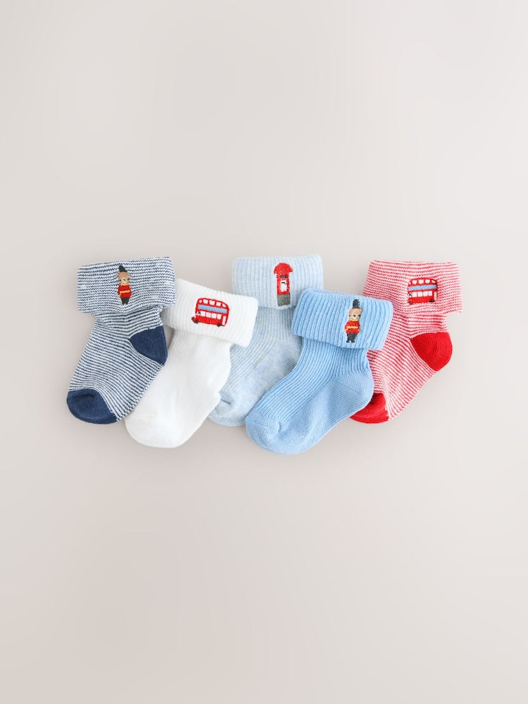 Navy Embroidered Roll Top Socks 5 Pack
