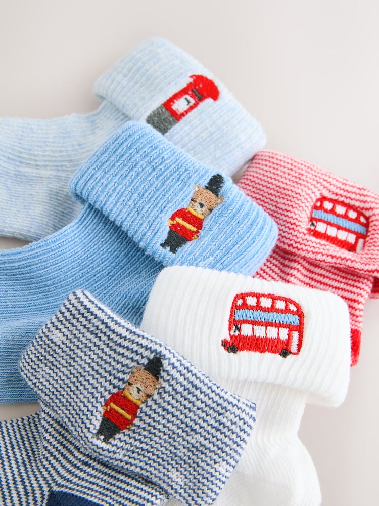 Navy Embroidered Roll Top Socks 5 Pack