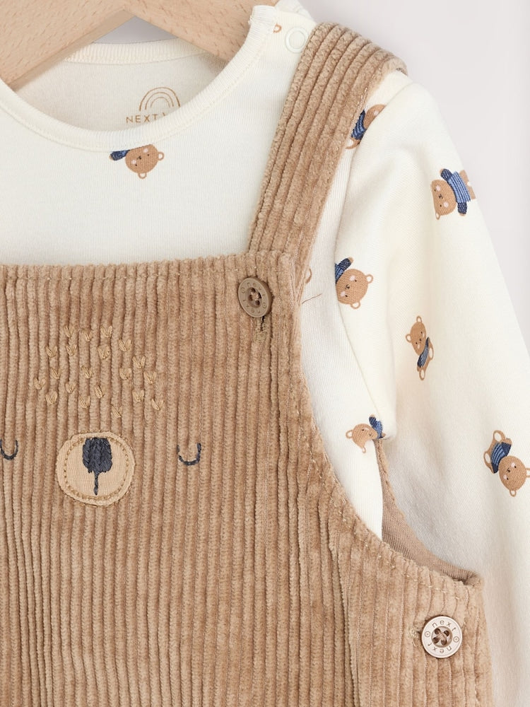 Tan Brown Bear Cord Dungarees and Bodysuit Set (0mths-2yrs) - Size Up to 1 Month (56cm)