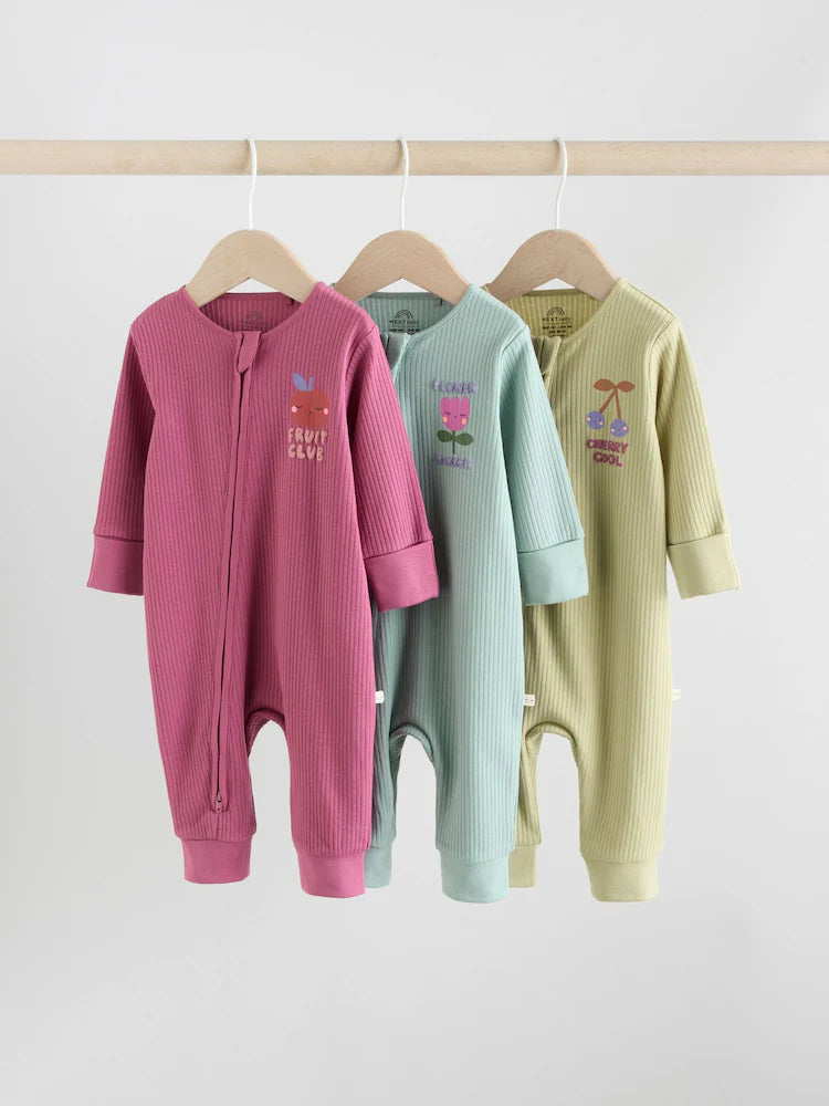 Multi Fruit Two Way Zip Baby Sleepsuits 3 Pack (0mths-3yrs)