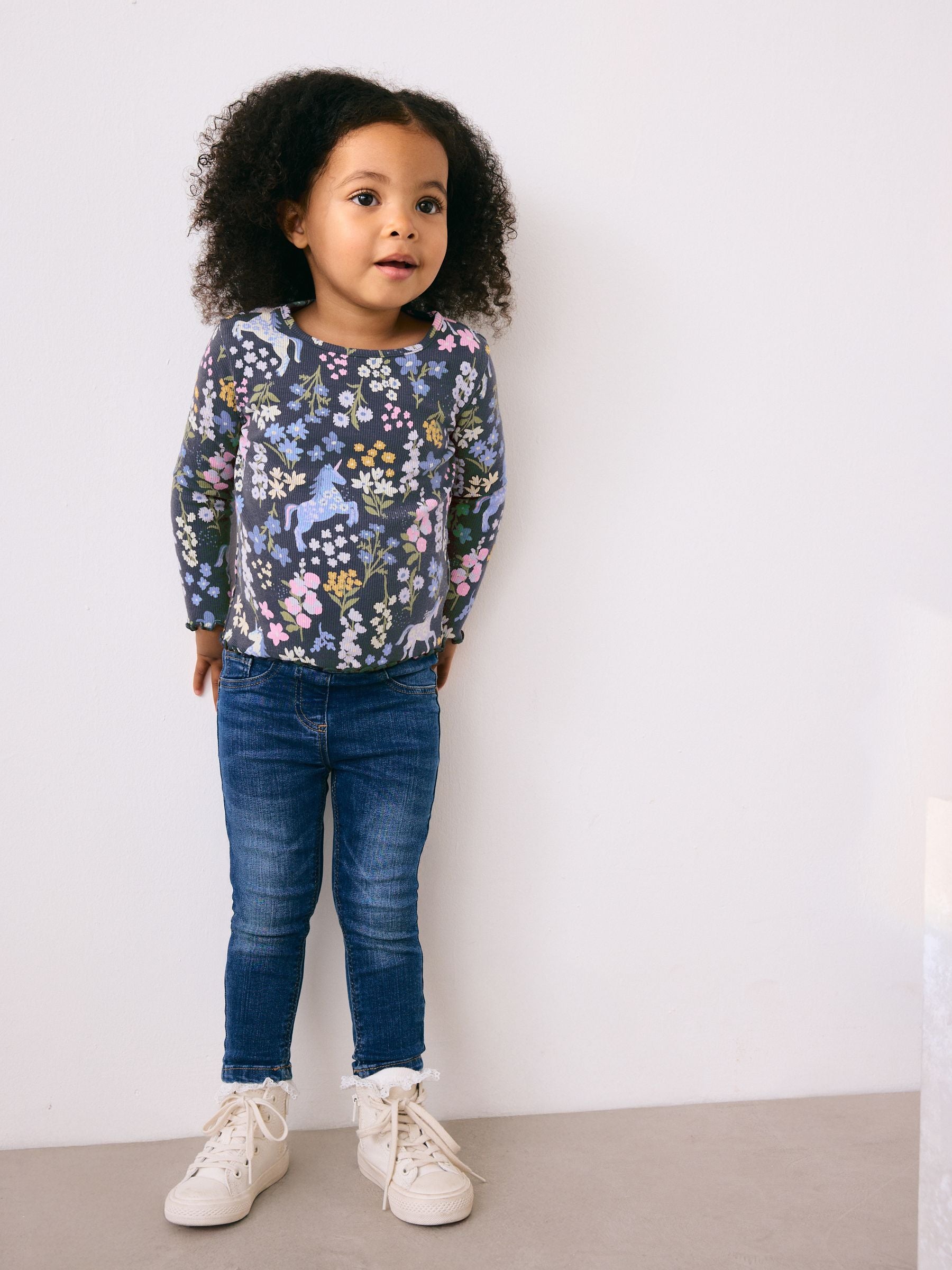 Navy Floral Unicorn Print Long Sleeve Ribbed T-Shirt (3mths-7yrs) - Size 3-6 Months (62-68cm)