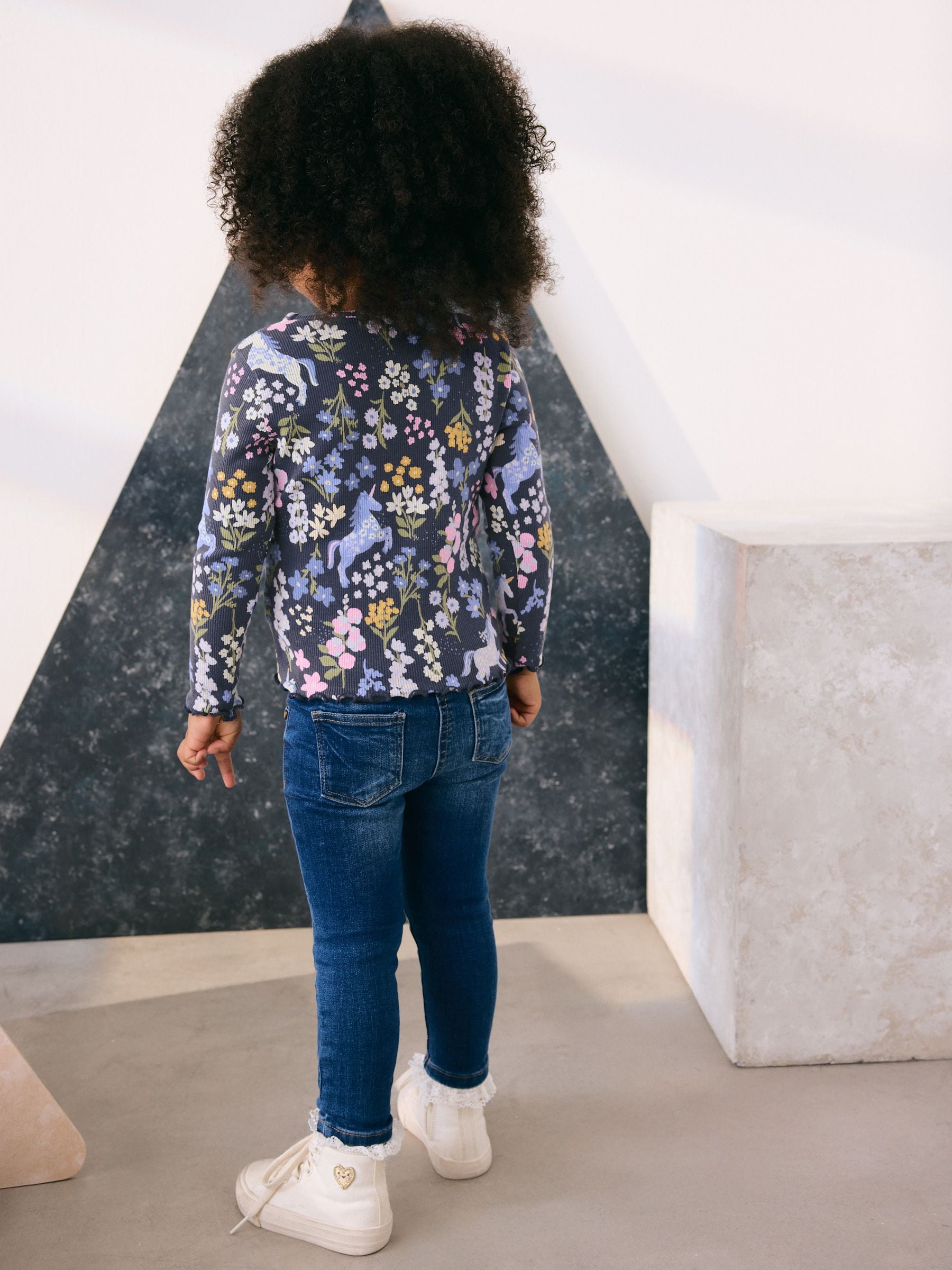 Navy Floral Unicorn Print Long Sleeve Ribbed T-Shirt (3mths-7yrs) - Size 3-6 Months (62-68cm)