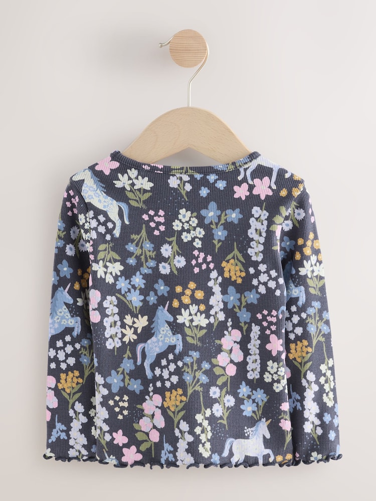 Navy Floral Unicorn Print Long Sleeve Ribbed