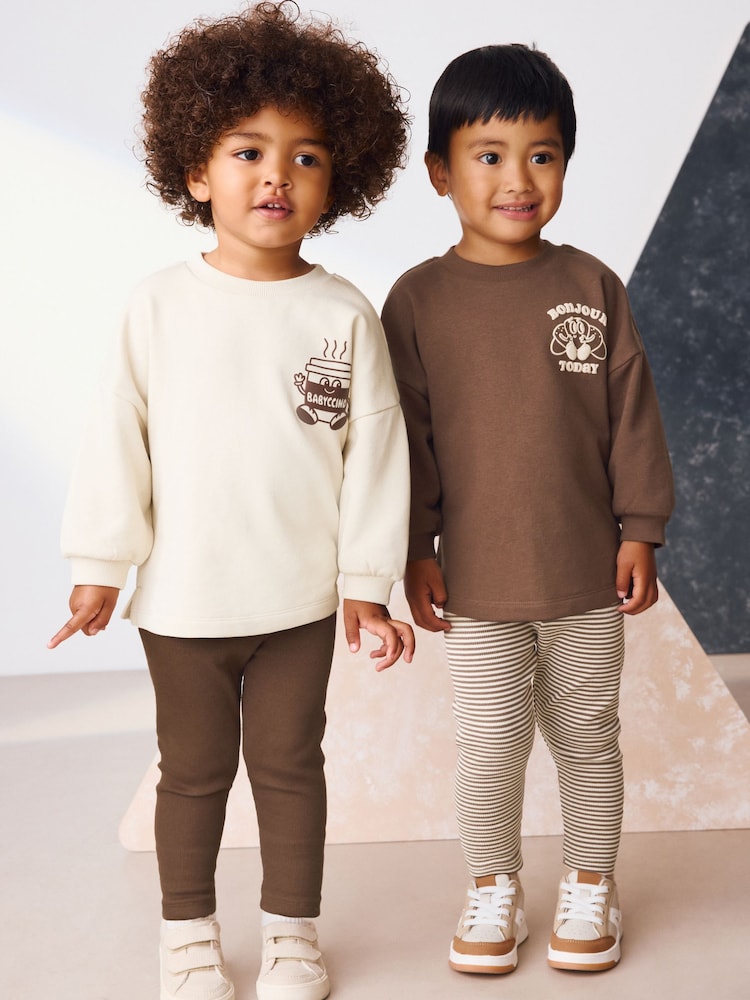 Brown/Cream Babyccino Long Sleeve Tops & Leggings Set 2 Pack (3mths-7yrs) - Size 3-6 Months (62-68cm) - Brown/Cream Babyccino Long Sleeve