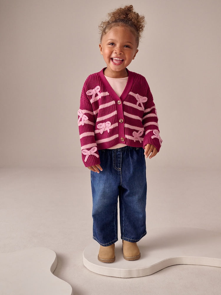 Pink Bow Stripe V-Neck Cardigan (3mths-7yrs) - Size 3-6 Months (62-68cm) - Pink Bow Stripe V-Neck