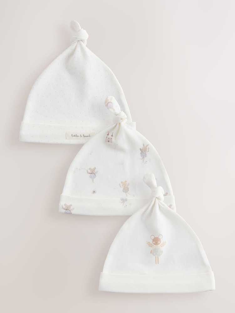 Ecru Fairy Mouse 3 Pack Tie Top Baby Beanies (0-12mths)