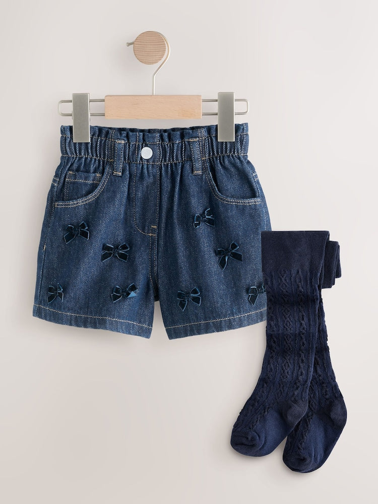 Blue Denim Bow Shorts and Tights Set (3mths-7yrs)
