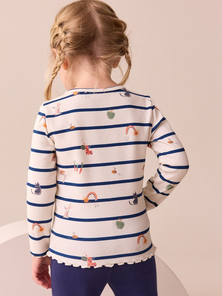 Ecru/Navy Stripe Character Rib Long Sleeve T-Shirt (3mths-7yrs)