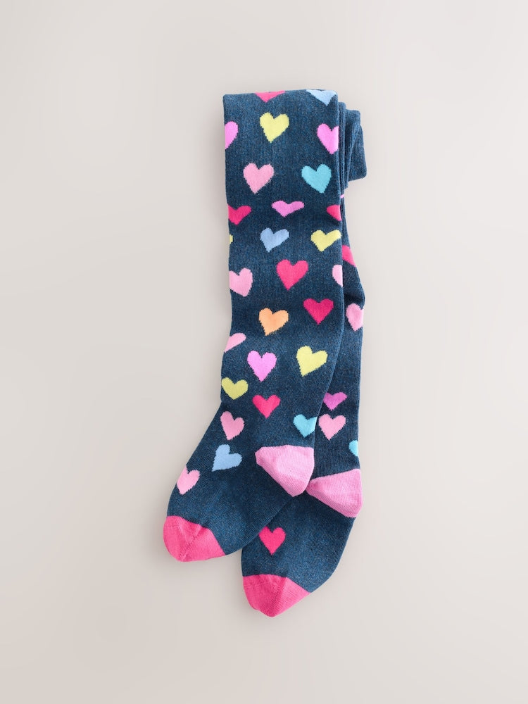 Navy Blue/Multi Cotton Rich Heart Print Tights 1 Pack - Size Up To 6 Months (50 - 68cm)