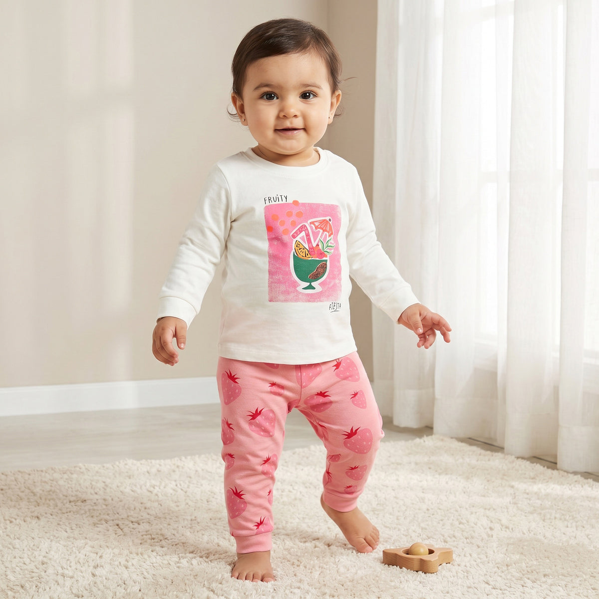 Pack of 2 Juniors Cotton Round Neck Long Sleeves Pyjama Set with Fruit Print