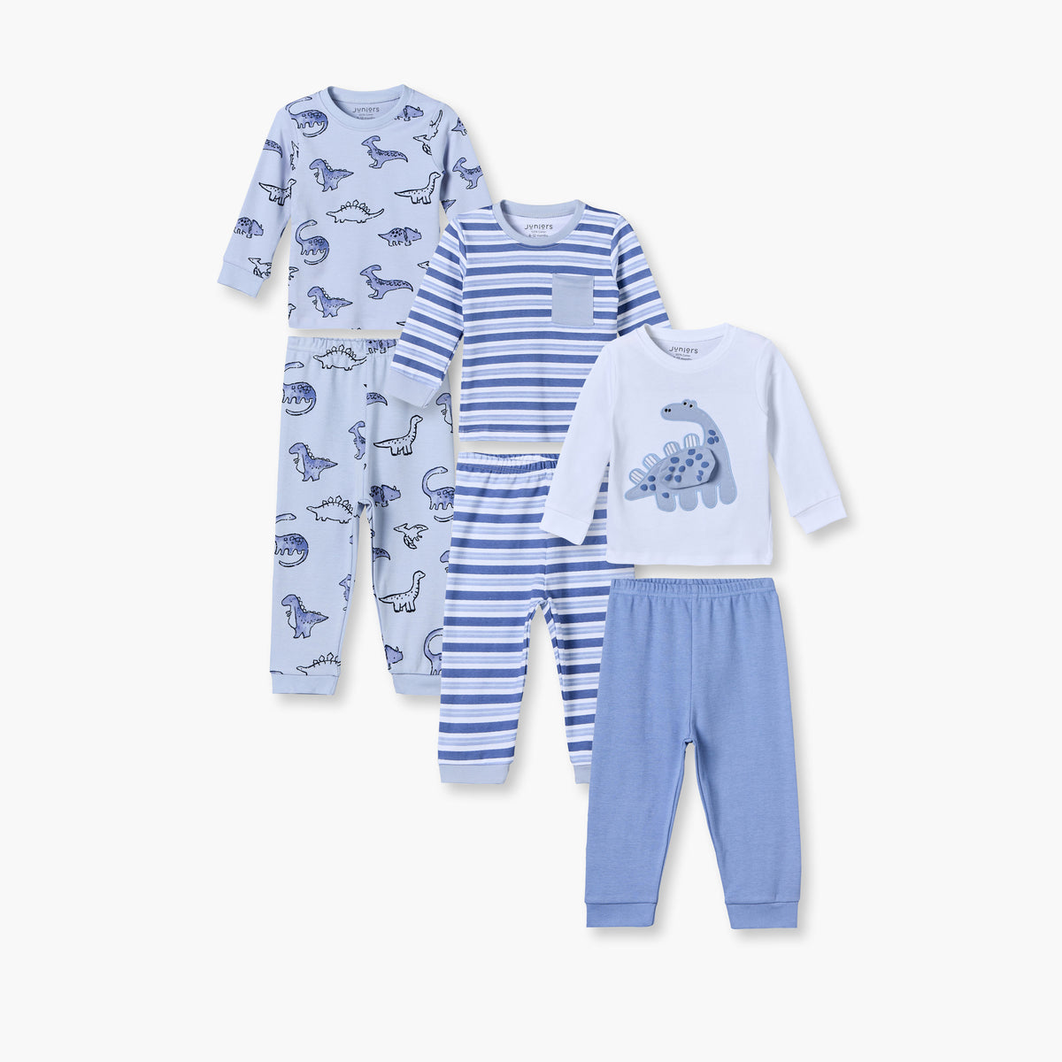 Pack of 3 Juniors Cotton Round Neck Long Sleeves Pyjama Set with Dinosaur Print